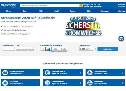 strahovye polisy, tarify na `elektro`energiju i kredity Check24, Germanija
