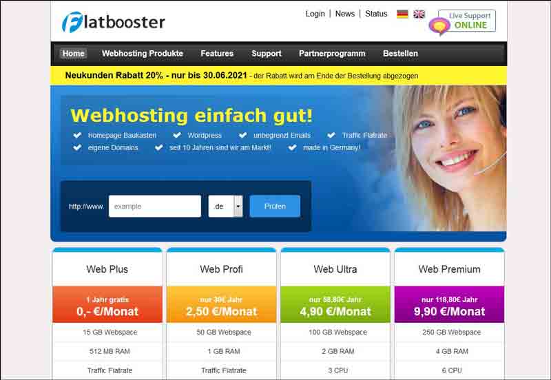 FLATBOOSTER - Webhosting, Webspace Hosting, Homepage Baukasten und Domains