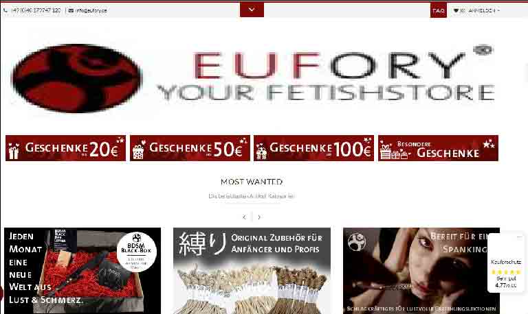 EUFORY Online Shop angebotene Drogerie SM, Fetish Fashion, Bondage, Knebel, Masken, Quälereien, Sextoys, Strapon