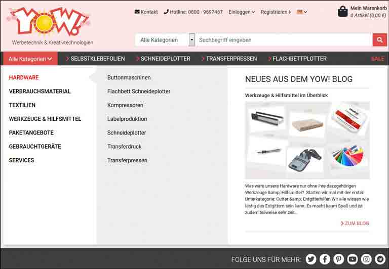 YOW! Onlineshop für Werbetechnik und Textilveredelung