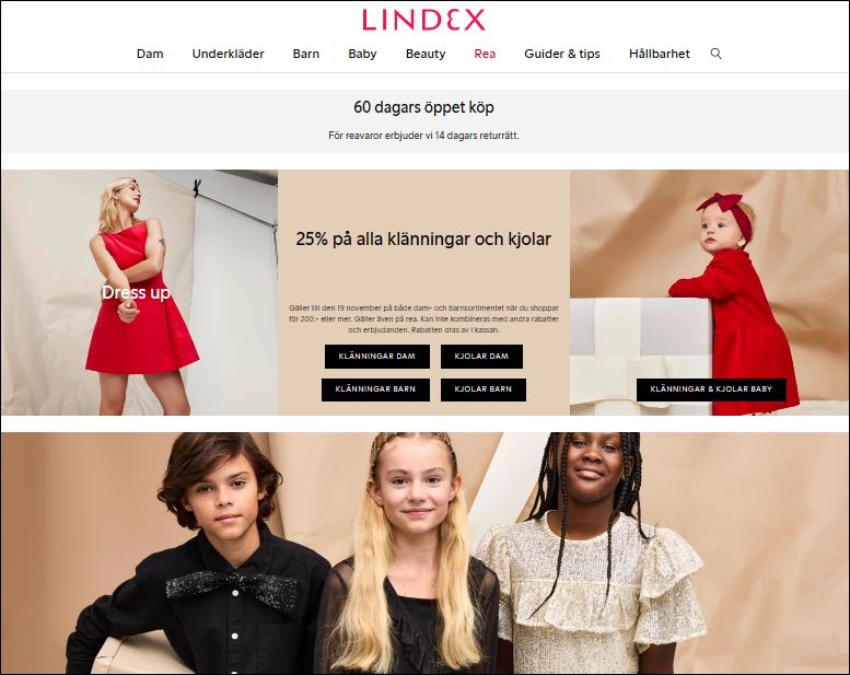 Lindex är ett av Europas ledande varumärken inom mode. Sortimentet består av flera olika koncept inom damkläder, barnkläder, underkläder och kosmetika